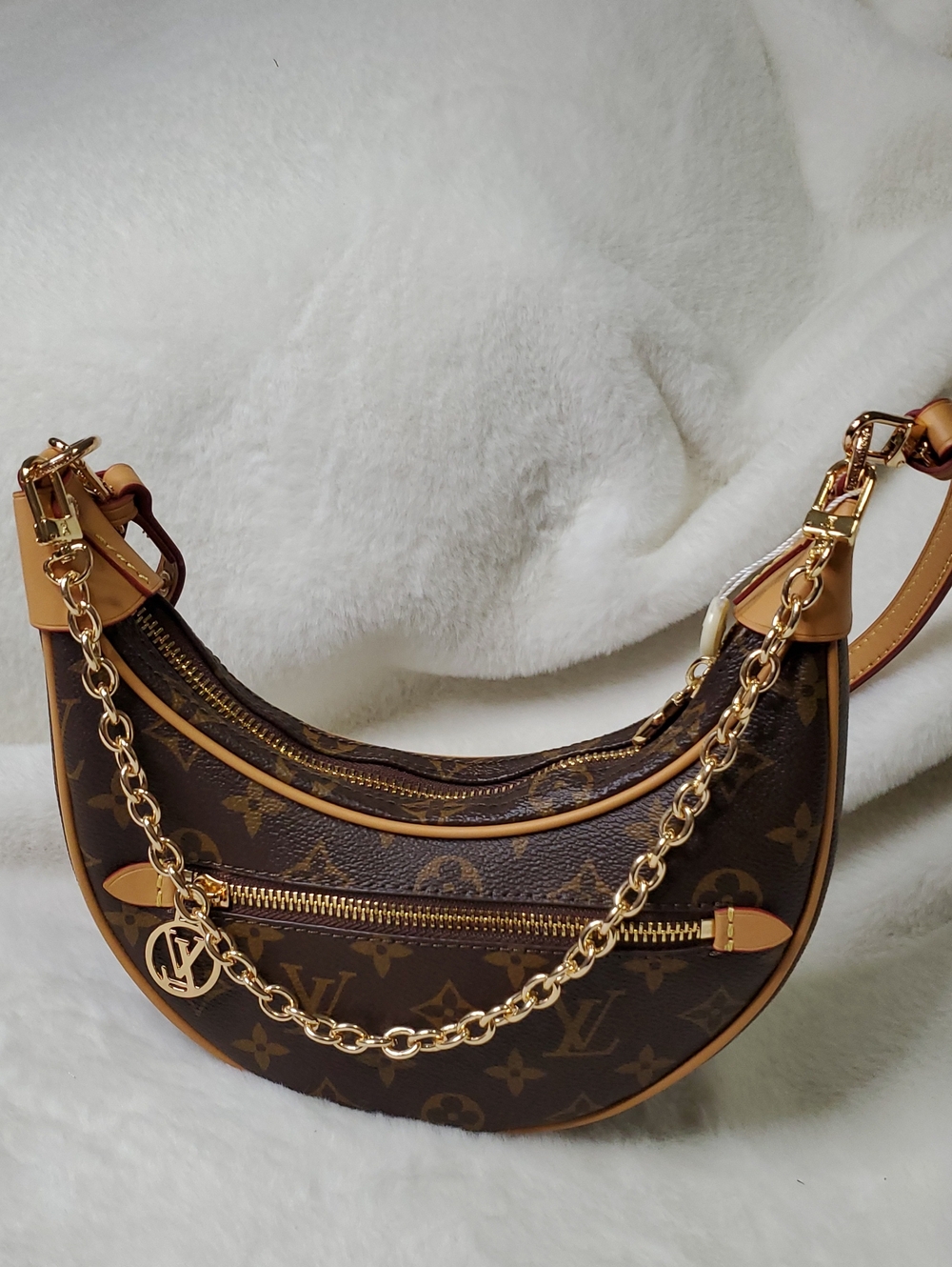 Monogram Crescent Shoulder Bag with Tan Trim 48" Crossbody Strap